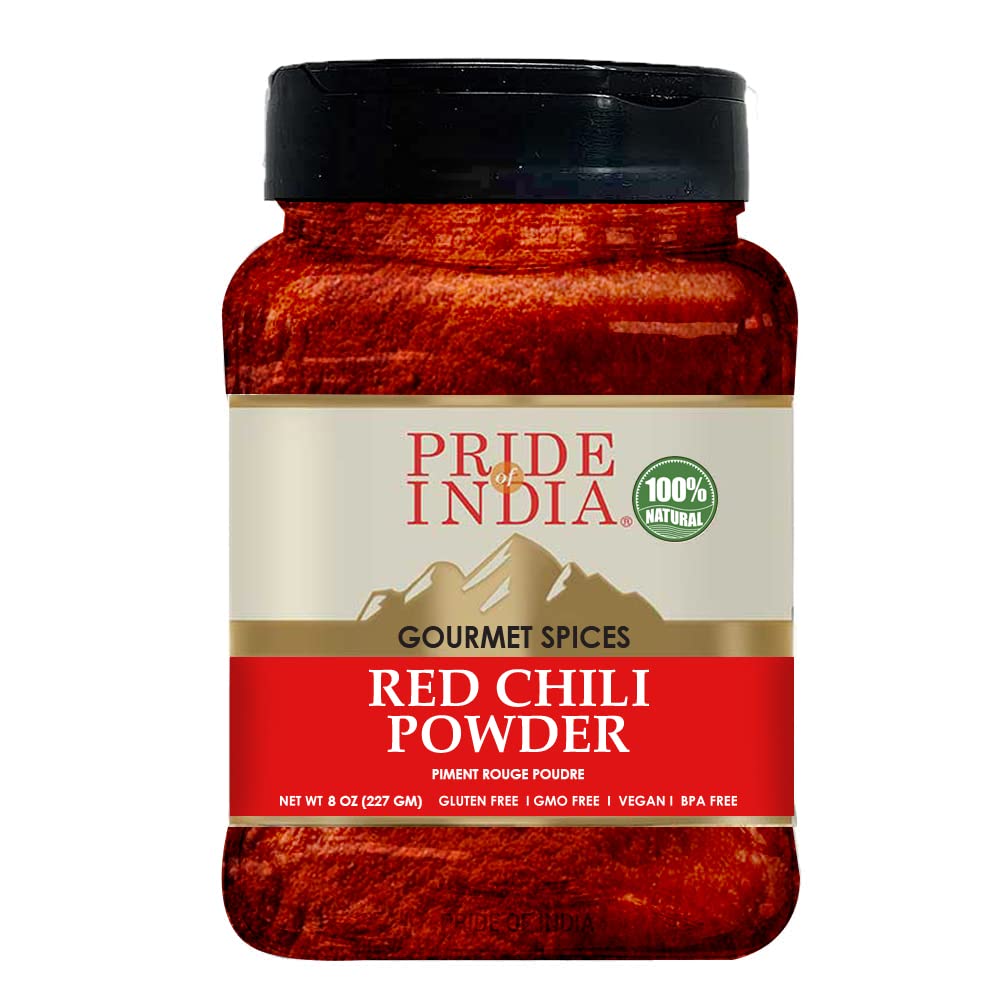 Pride Of India - PACK of 6 - Red Chili Ground – Traditional Indian Spice – Ideal for Gourmet & Savory Dishes Dishes – GMO/Gluten Free – Easy to Store - 8oz. Medium Dual Sifter Jar
