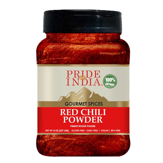 Pride Of India – Red Chili Ground – Traditional Indian Spice – Ideal for Gourmet & Savory Dishes Dishes – GMO/Gluten Free – Easy to Store - 8oz. Medium Dual Sifter Jar