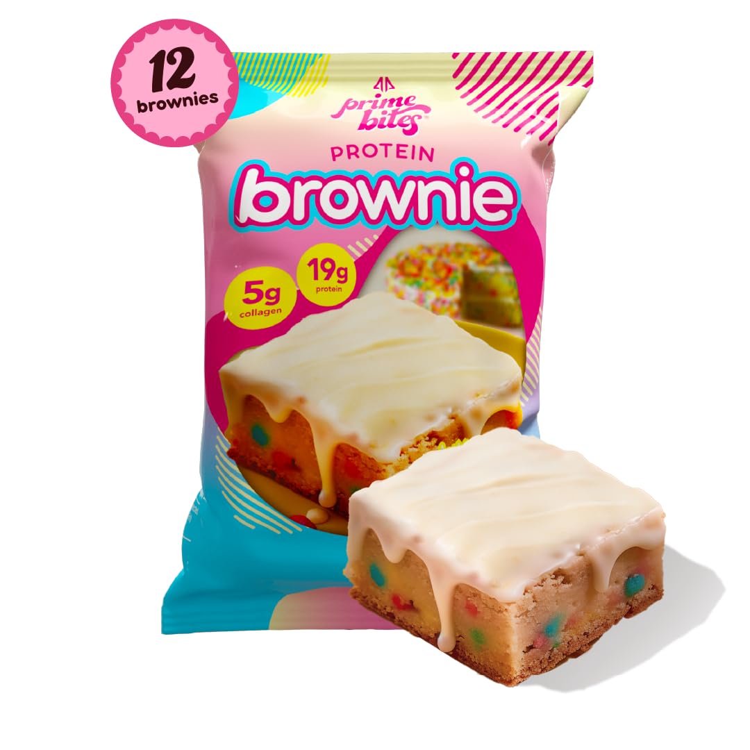 Prime Bites Protein Brownie from Alpha Prime Supplements | High Protein, Collagen Fortified Low Sugar Treat | Delicious Snack | 12 Bars per Box (Birthday Cake Blondie)