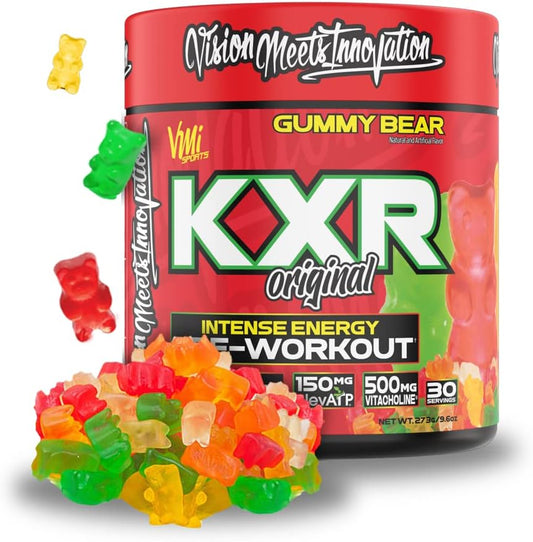 KXR Pre-Workout Energy Powder | Intense Energy Pre-Workout Drink for Men and Women| Creatine Free | Improves Performance - Enhanced Focus & Increased Endurance | 30 Servings (Gummy Bear)