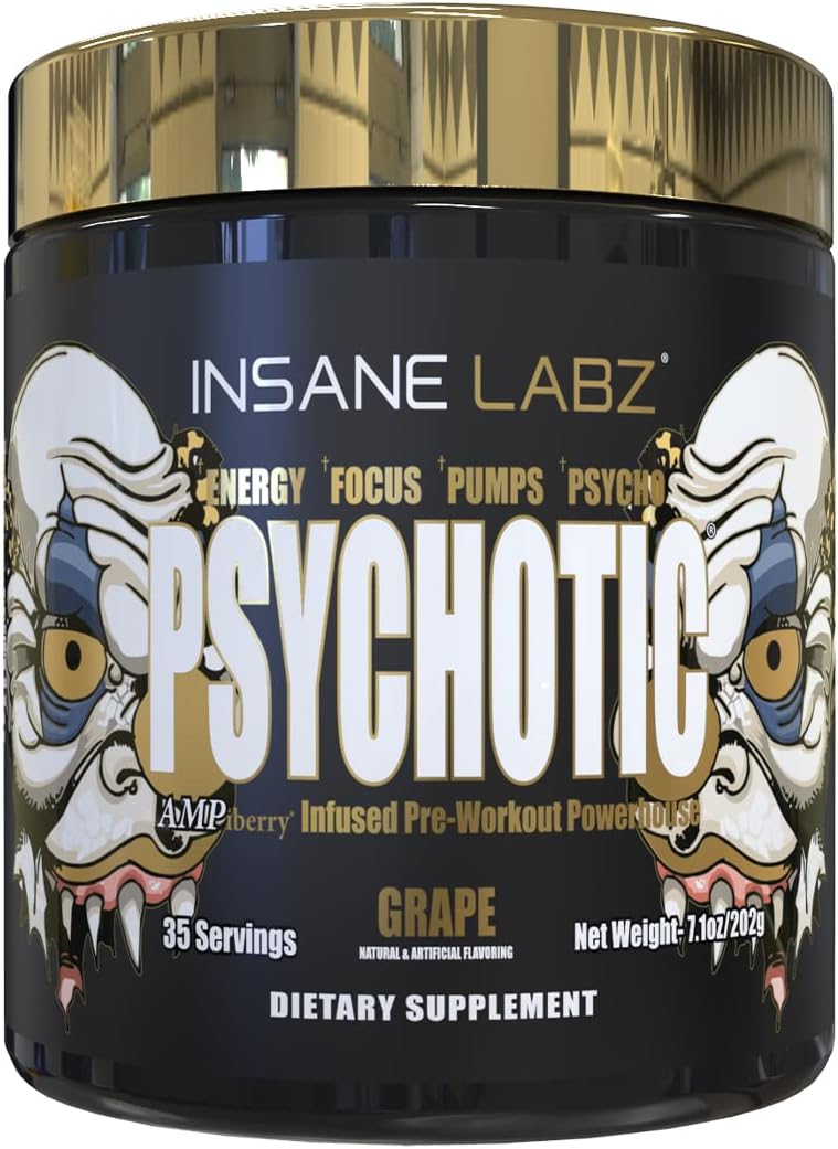 Insane Labz Psychotic Gold, High Stimulant Pre Workout Powder, Extreme Lasting Energy Focus, Pumps and Endurance with Beta Alanine, DMAE Bitartrate, NO Booster (35 Servings, Grape)