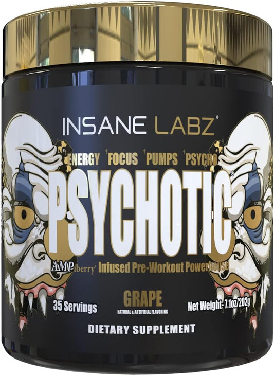 Insane Labz Psychotic Gold, High Stimulant Pre Workout Powder, Extreme Lasting Energy Focus, Pumps and Endurance with Beta Alanine, DMAE Bitartrate, NO Booster (35 Servings, Grape)