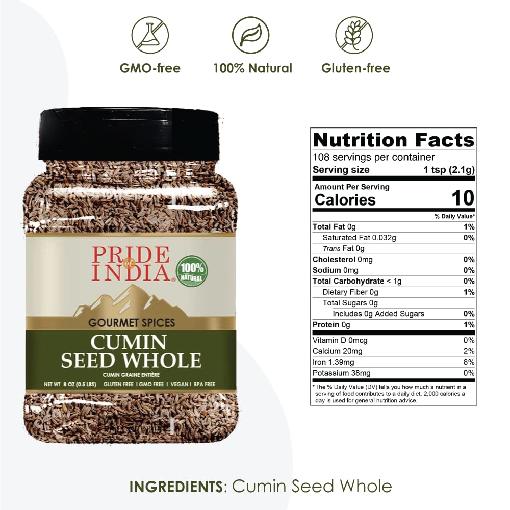 Pride of India - PACK of 6 - Cumin Seed Whole – Gourmet Indian Spice – Excellent for Culinary Uses – Fresh and Quality Seeds – Adds Flavor & Aroma - Easy to Store – 8 oz. Medium Dual Sifter Bottle