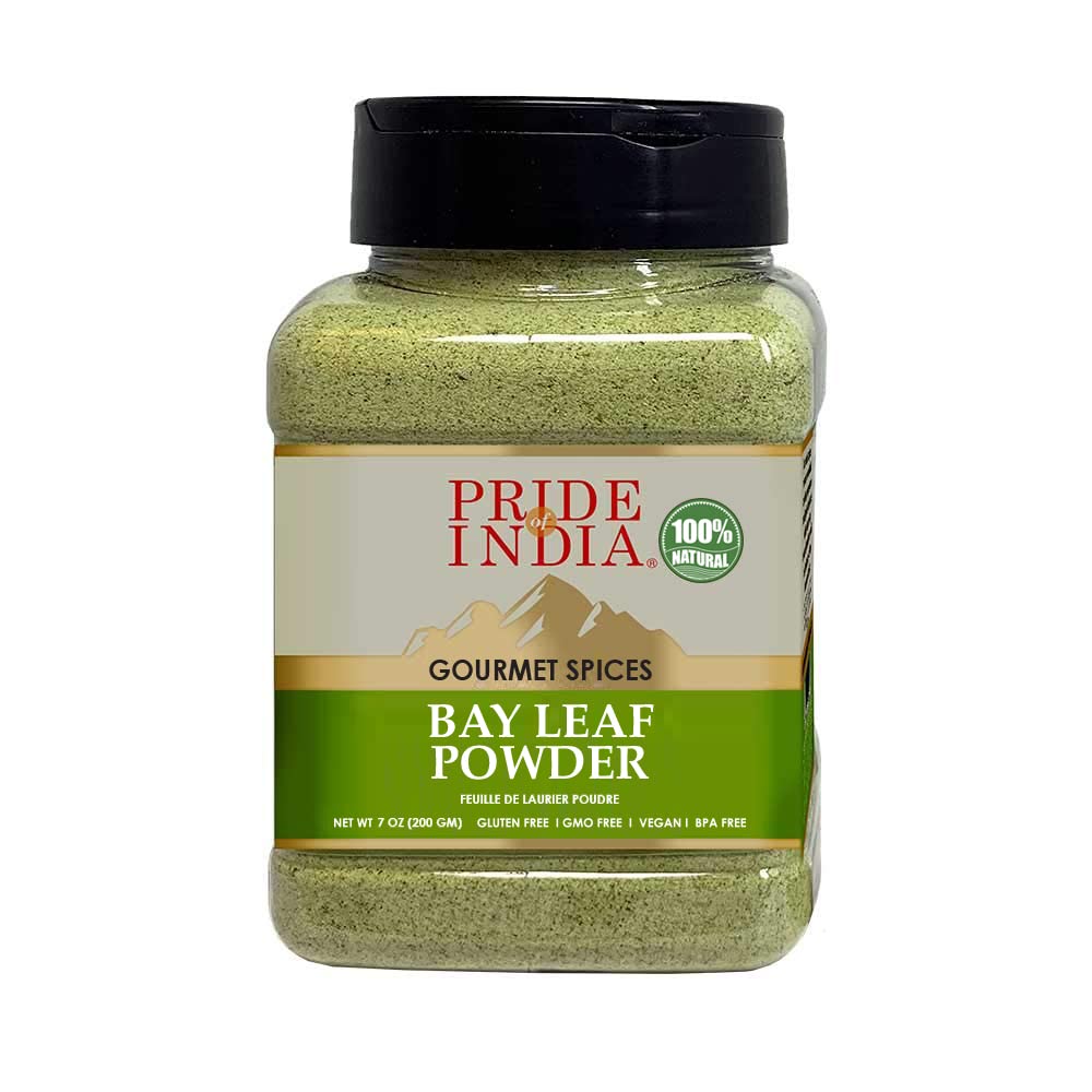 Pride of India – Bay Leaf Powder – Fresh & Authentic Bay Leaf Ground – Gourmet Spice – Good for Seasoning Stews/Soups/Tea – Easy to Store – 7 oz. Medium Dual Sifter Jar