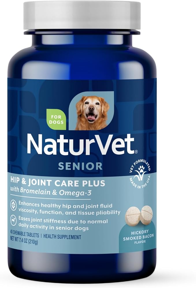 NaturVet Senior Wellness Hip and Joint Plus Omegas Advanced Supplement for Dogs, Chewable Tablets Time Release, Made in The USA, 40 Count