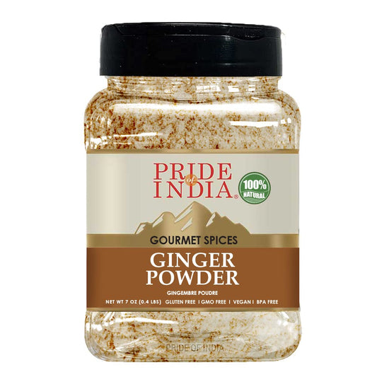 Pride of India | Ginger Fine Ground 6 oz (170 gm) Medium Dual Sifter Bottle | Finely Powdered for Easy Mixing | Perfect for Cookies, Chicken Stir-Fry, Soups, Marinades, Muffins| Fresh Root Powder | Vegan, Gluten-Free, Non-Bioengineered