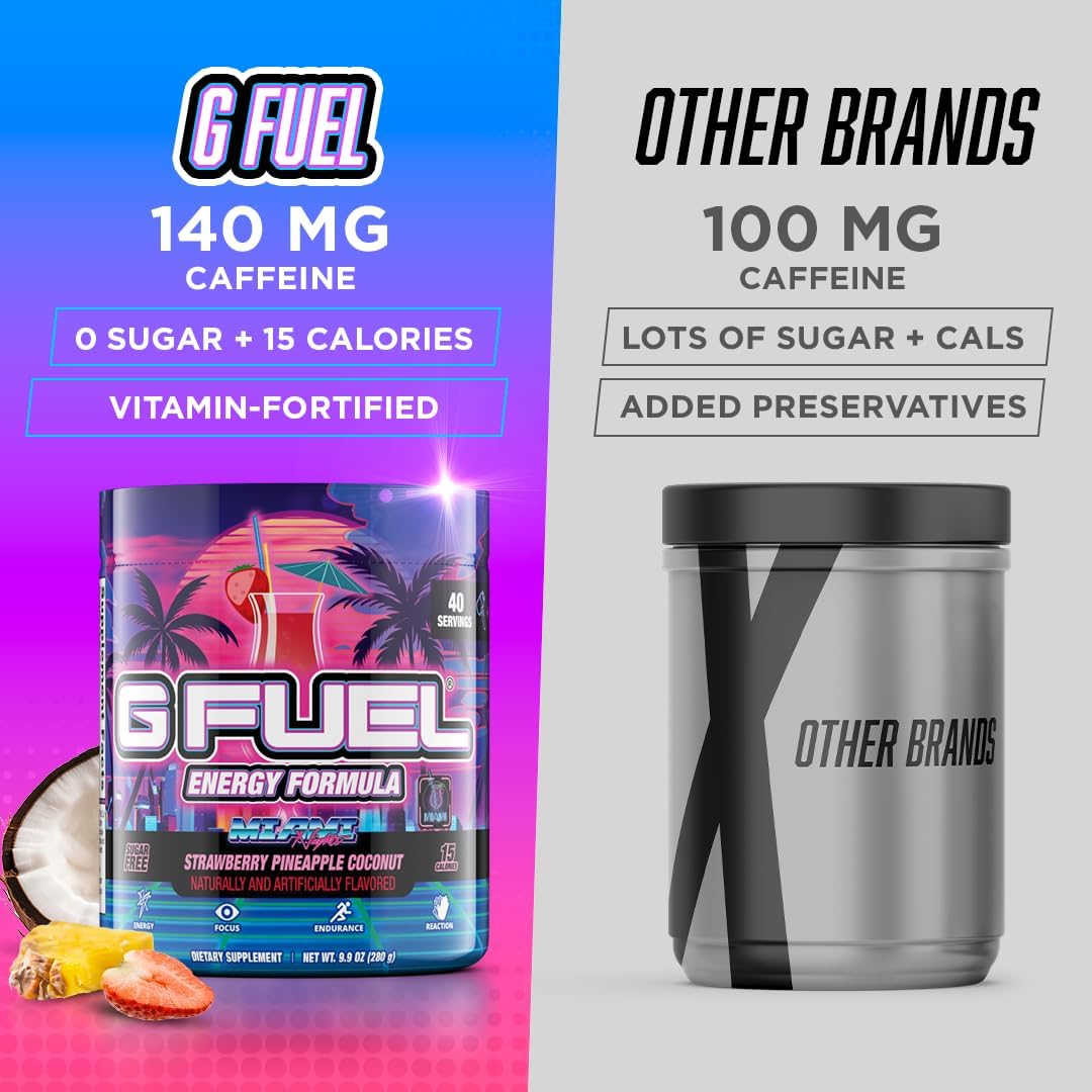 G Fuel Miami Nights Energy Drink Powder, Pre Workout Caffeine Mix for Gaming, Sugar Free Focus Amino, Vitamin + Antioxidants, 9.9oz (Strawberry Pina Colada, 40 Servings)