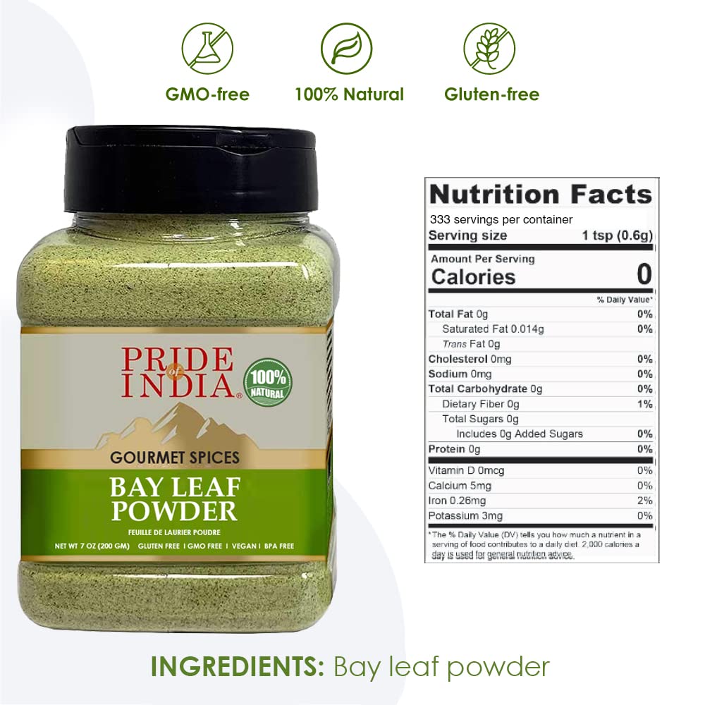 Pride of India – Bay Leaf Powder – Fresh & Authentic Bay Leaf Ground – Gourmet Spice – Good for Seasoning Stews/Soups/Tea – Easy to Store – 7 oz. Medium Dual Sifter Jar