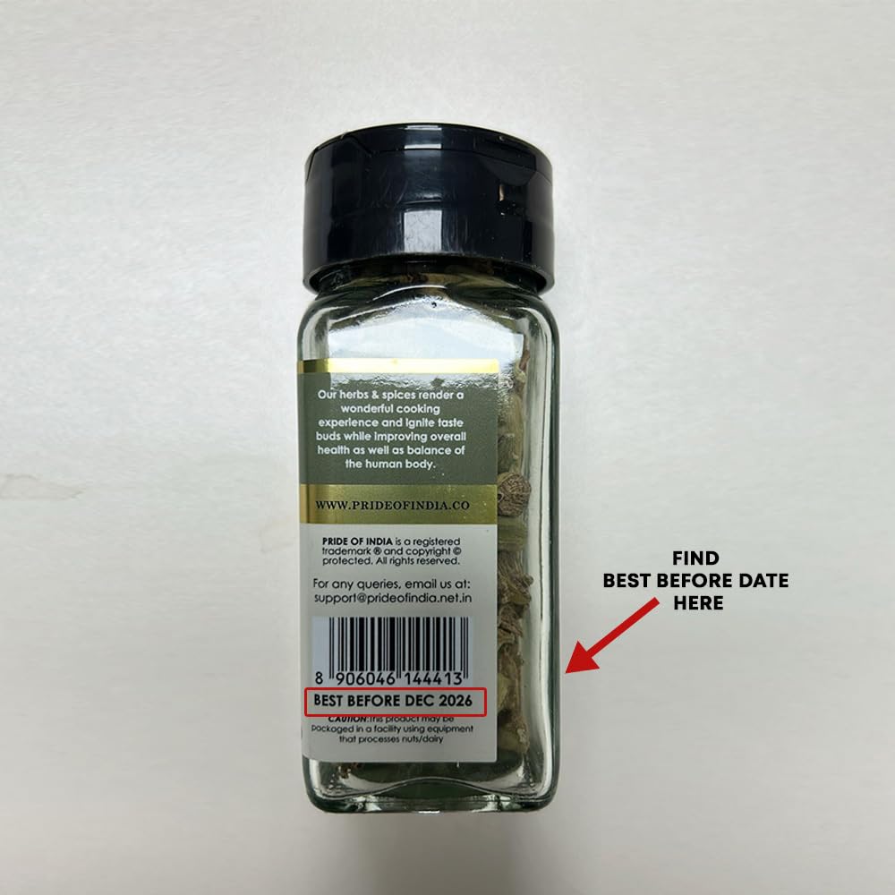 Pride of India | Green Cardamom Whole 1.5 oz (43 gm) Small Dual Sifter Bottle | Gourmet & Aromatic Spice | Flavoring agent for bakes/teas/drinks | Full Bodied Green Pods