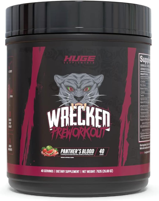 Wrecked Pre Workout, Advanced Formula, Boosts Energy, Focus, Pumps & Performance, 10g L-Citrulline, 6.4g Beta Alanine, 5g Tyrosine, 1g Alpha GPC, 375mg Fast-Acting Caffeine & More (Panther's Blood)