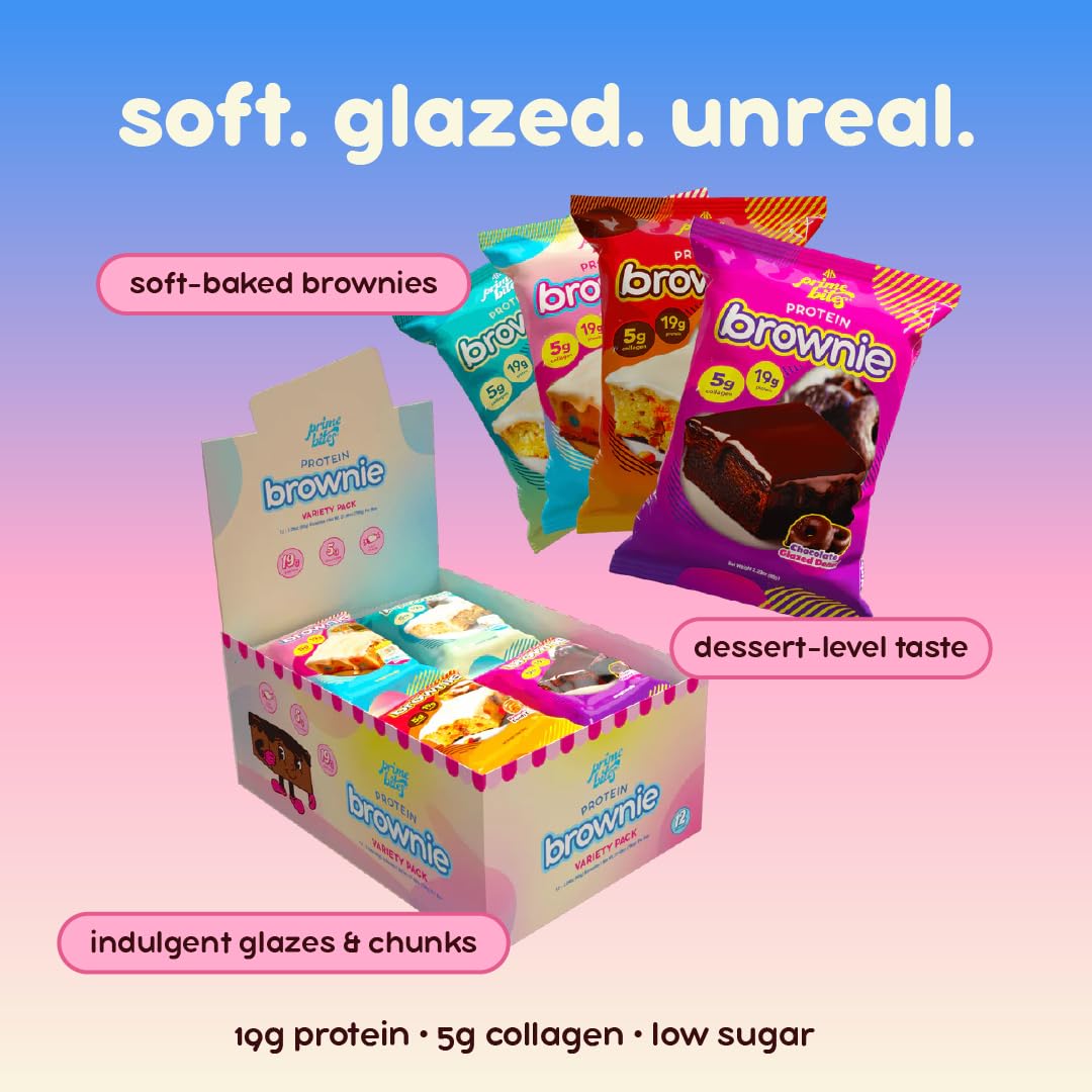 Prime Bites Protein Brownie from Alpha Prime Supplements | High Protein, Collagen Fortified Low Sugar Treat | Delicious Snack | 12 Bars per Box (Variety Pack)