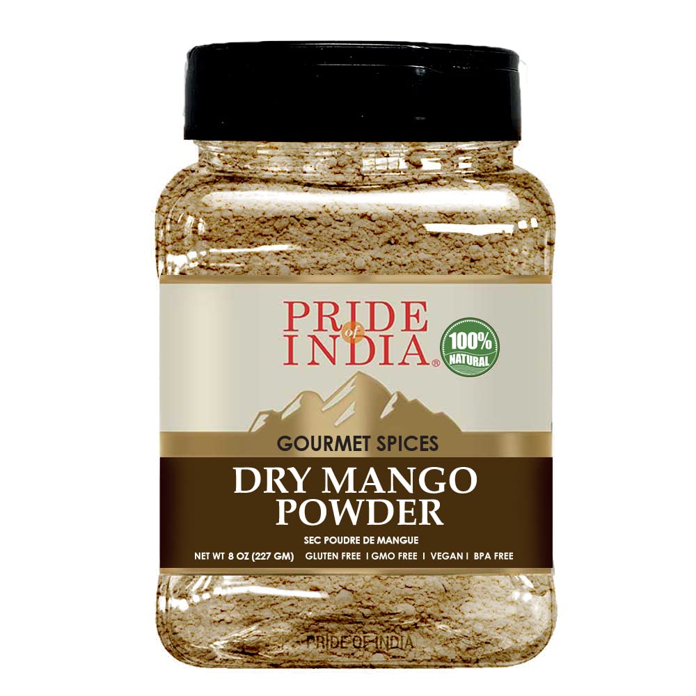 Pride Of India - PACK of 6 - Dry Mango Powder 8 oz (226.79 gm) Medium Dual Sifter Jar | Amchur for Flavor and Taste | Gourmet Indian Spice | No Fillers or Artificial Colorants | Easy to Store