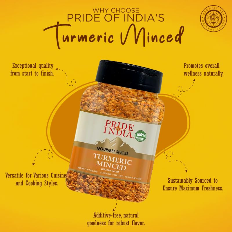 Pride of India – Turmeric Minced Whole – Gourmet Spice – Curcumin Rich Properties – No Additives Gluten – Easy to Use – 7 oz. Medium Dual Sifter Jar