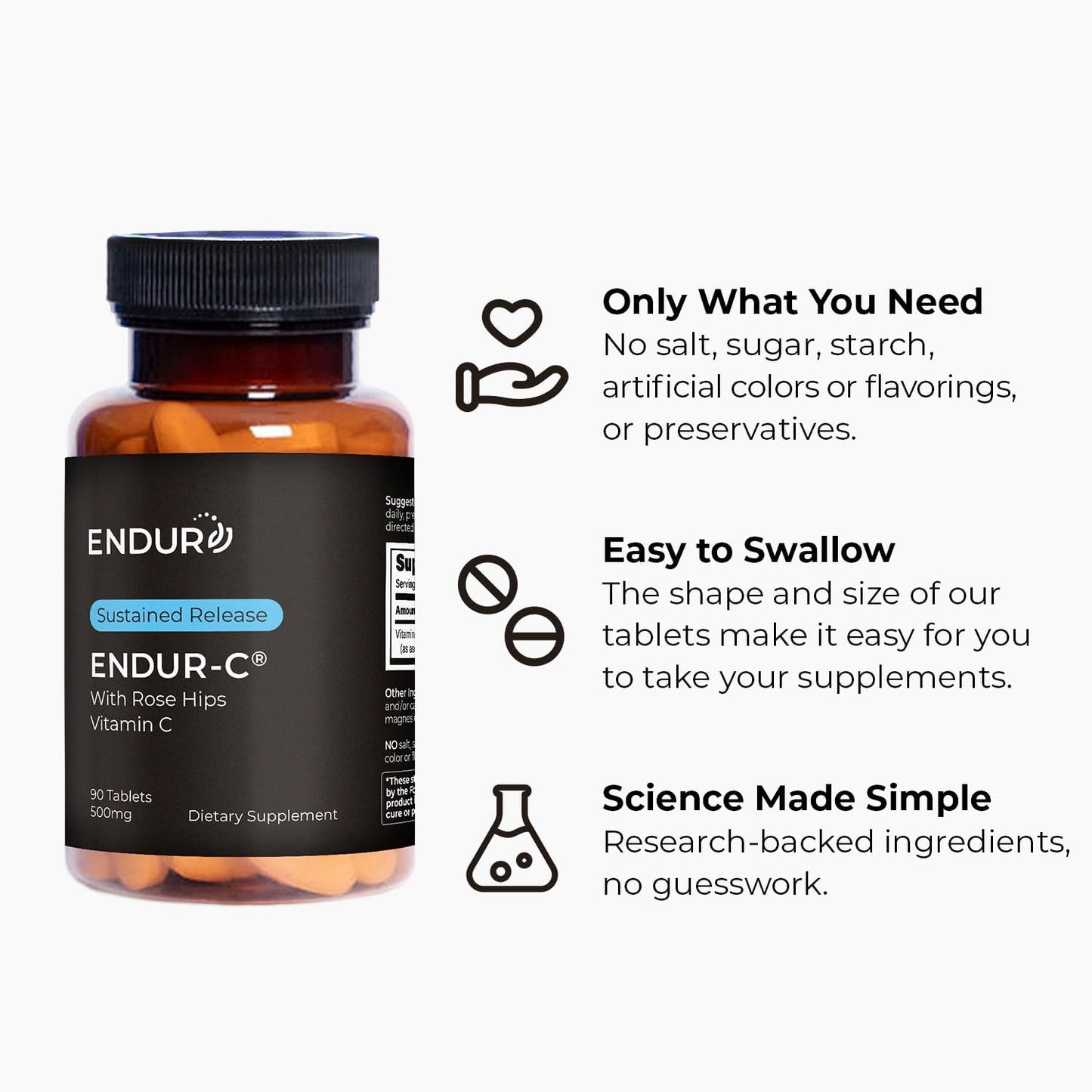 Endur ENDUR-C Vitamin C with Rose HIPS, Supports Collagen Production, Antioxidant Protection & Gentle Digestion, Gluten Free, 500mg (90 Tablets)