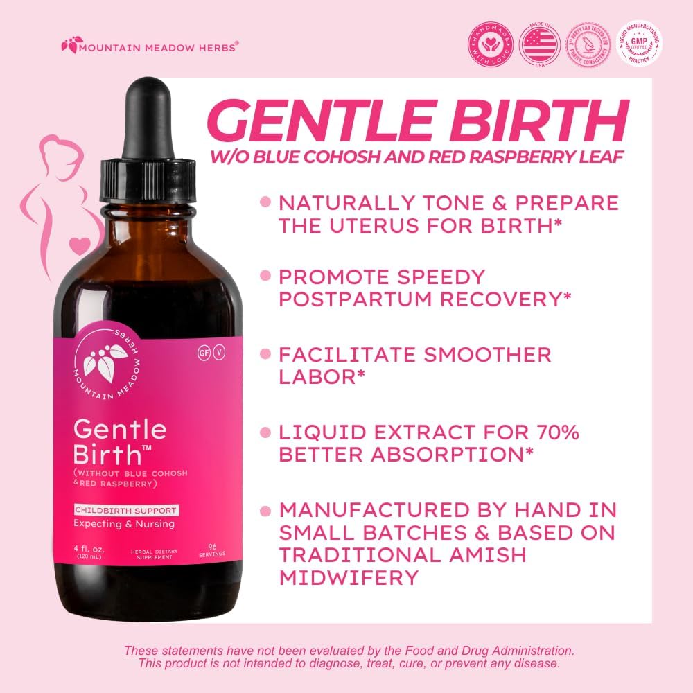 Mountain Meadow Herbs Gentle Birth for Birth Prep/Labor Prep, Fast Acting Liquid Herbal Extract for Childbirth Support w/o Blue Cohosh - 4oz
