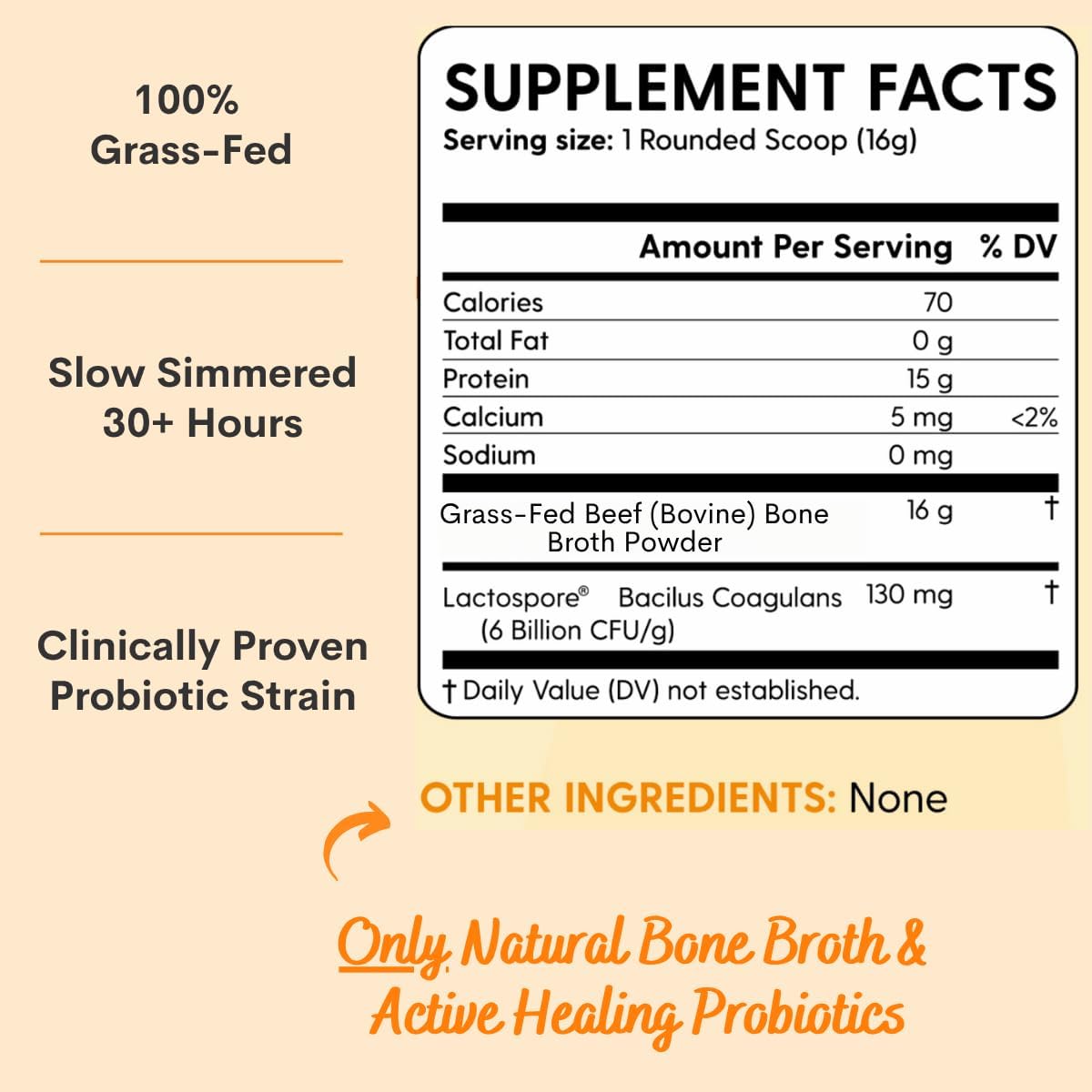 100% Grass-Fed Natural Beef Bone Broth Powder + Active Probiotics, Collagen, 15g Protein, Non-GMO, Low Sodium, Gut Health, Paleo, Keto, Gluten-Free, for Healthy Skin, Hair, Joints