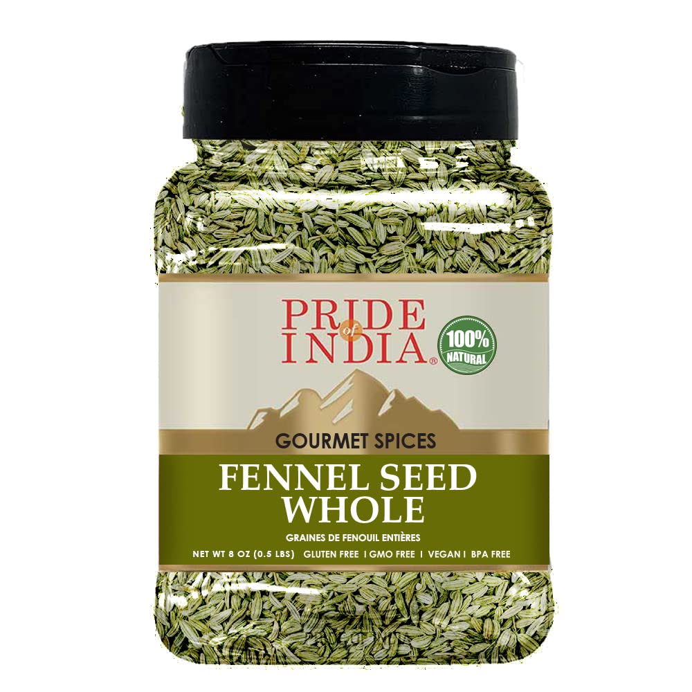 Pride of India - PACK of 6 - Fennel Seed Whole – Gourmet Spice – Fresh & Aromatic – Mouth Freshener – GMO/Gluten Free – Flavoring for bakes, meat & more – Easy to Use – 8 oz. Medium Dual Sifter Jar