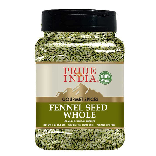 Pride of India - PACK of 6 - Fennel Seed Whole – Gourmet Spice – Fresh & Aromatic – Mouth Freshener – GMO/Gluten Free – Flavoring for bakes, meat & more – Easy to Use – 8 oz. Medium Dual Sifter Jar