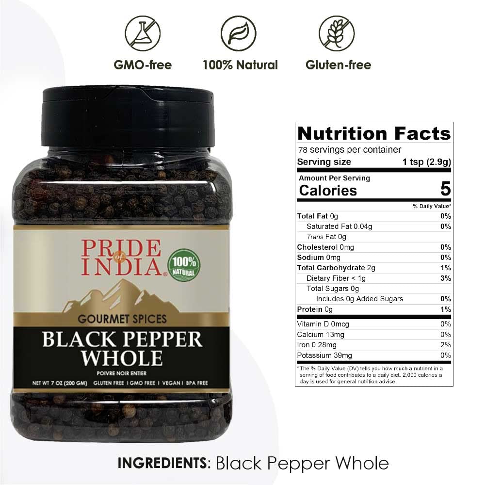 Pride of India - PACK of 6 - Black Peppercorn Whole – Gourmet & Culinary Spice – Full Bodied, Dried & Flavorful – Preservatives & Gluten Free – 7 oz. Medium Dual Sifter Jar
