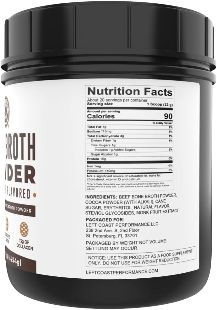 16oz Chocolate Bone Broth Protein Powder From Grass Fed Beef - Non-GMO Ingredients, Gut-Friendly, Low Carb Dairy Free Protein Powder - Natural Collagen Source For Joint Support - Keto Friendly