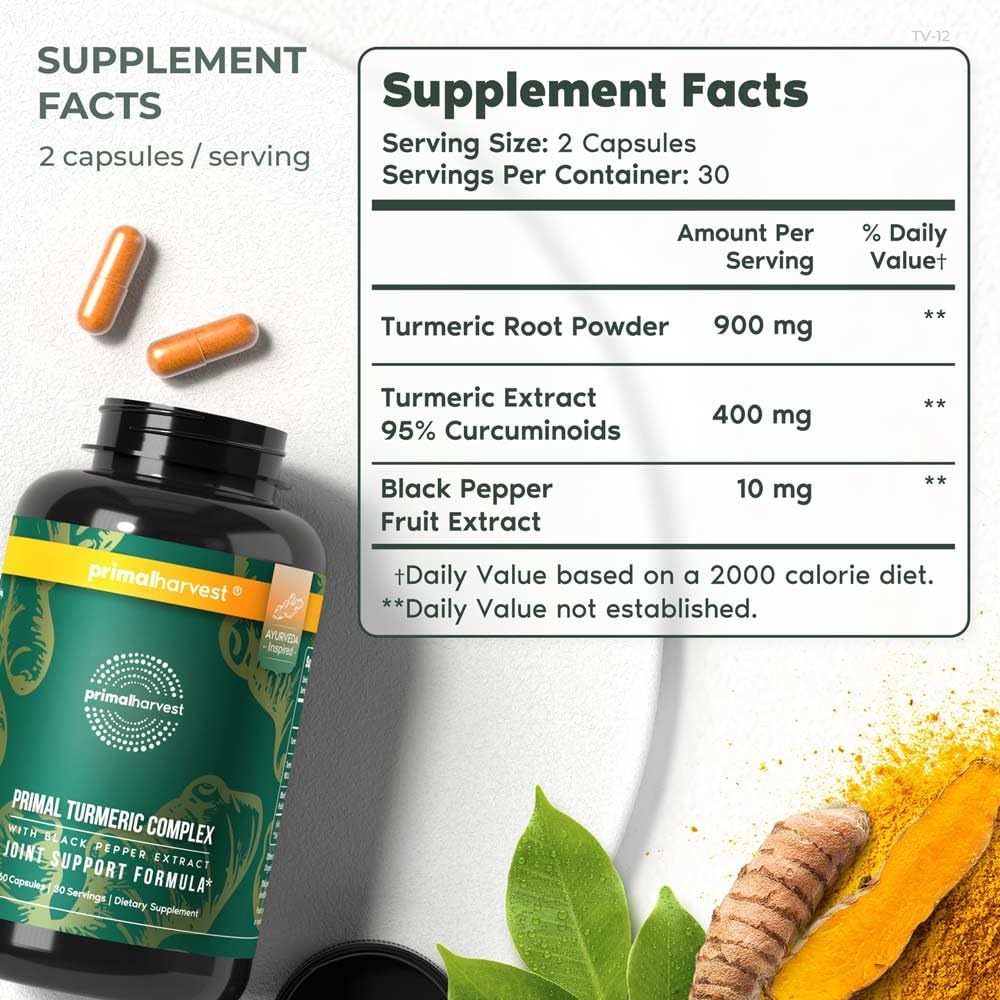 Primal Harvest 1 Pack, Primal Turmeric Complex w/Black Pepper Extract, Joint and Mobility Support Supplement for Women & Men, 60 Capsules