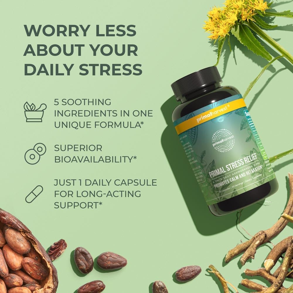 Primal Harvest Stress Relief Supplement for Women and Men Pure Ashwagandha Root Extract, L-Theanine Supplements, 60 Capsules