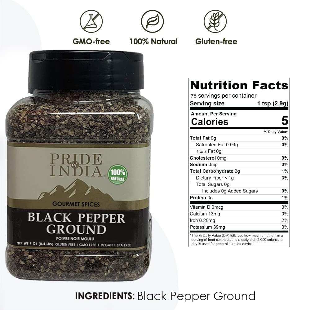 Pride of India - PACK of 6 - Black Pepper Ground – Ideal for Gourmet Dishes/Soups/Stews/Rubs – Fresh & Preservatives Free – Warming Spice – Easy to Store – 7oz. Medium Dual Sifter Jar