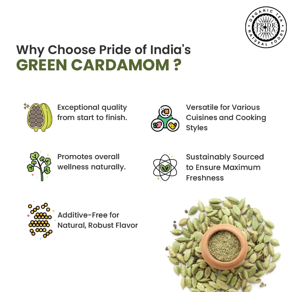 Pride of India | Green Cardamom Whole 1.5 oz (43 gm) Small Dual Sifter Bottle | Gourmet & Aromatic Spice | Flavoring agent for bakes/teas/drinks | Full Bodied Green Pods