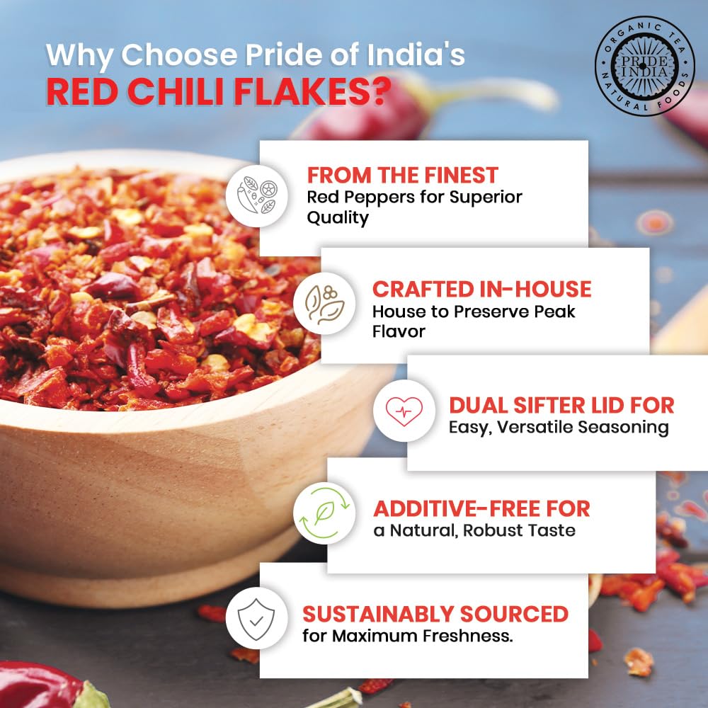 Pride of India | Red Chili Flakes 1.27 oz (36 gm) Small Dual Sifter Jar | Gourmet Spice, Culinary Must Have | Pleasant Heat, Distinct Flavor & Aroma | Sprinkle onto Pizza, Pasta, Pork, Flatbread | Easy to Store | Vegan, Non-Bioengineered
