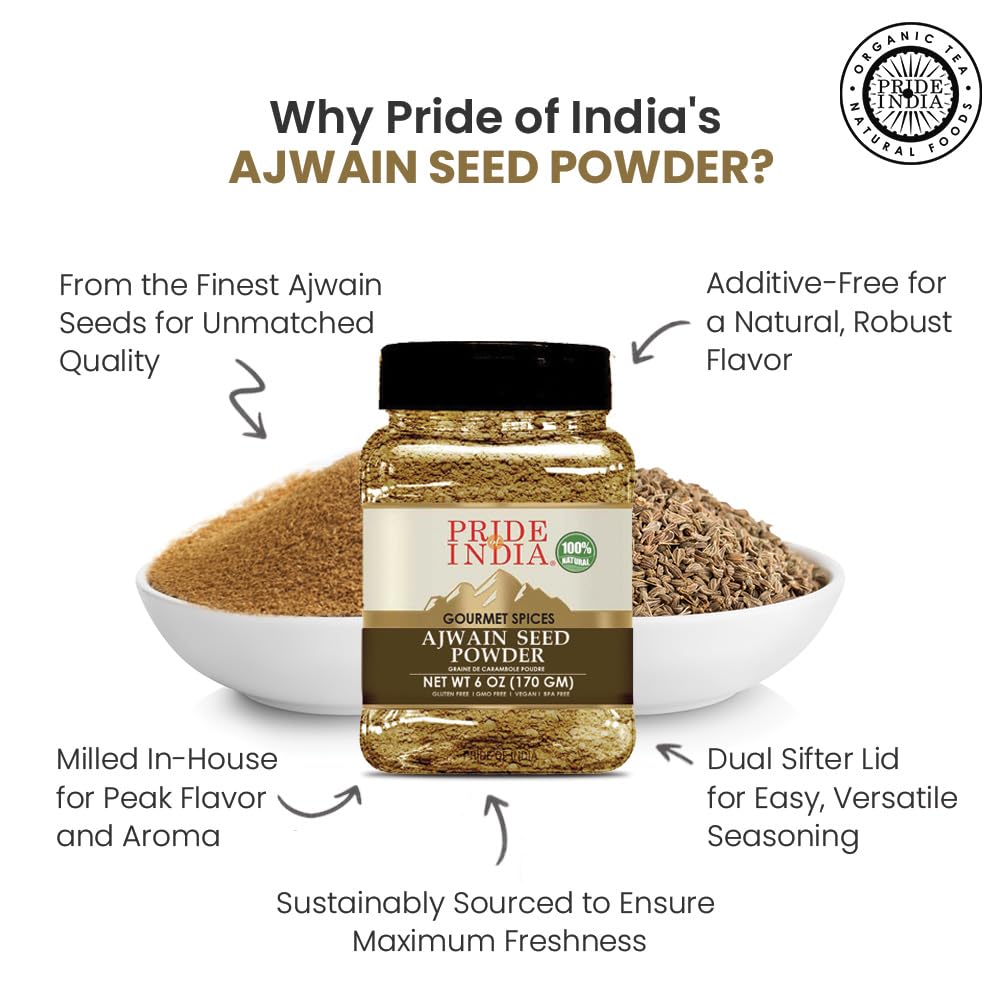 Pride of India – Ajwain Seed Powder – Gourmet Indian Spice – Made from Fresh Carom Seeds – Rich in Nutrients – Aromatic & Flavorful – Easy to Use - 8oz. Medium Dual Sifter Jar
