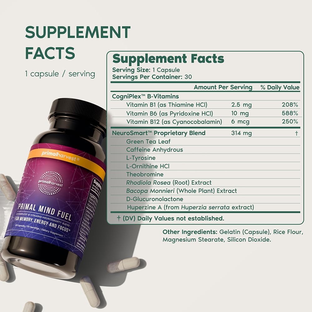 2 Pack, Primal Mind Fuel Brain Booster for Focus, Energy, Clarity, Memory Brain Health 30 Capsules Nootropics Brain Support Supplement for Men and Women