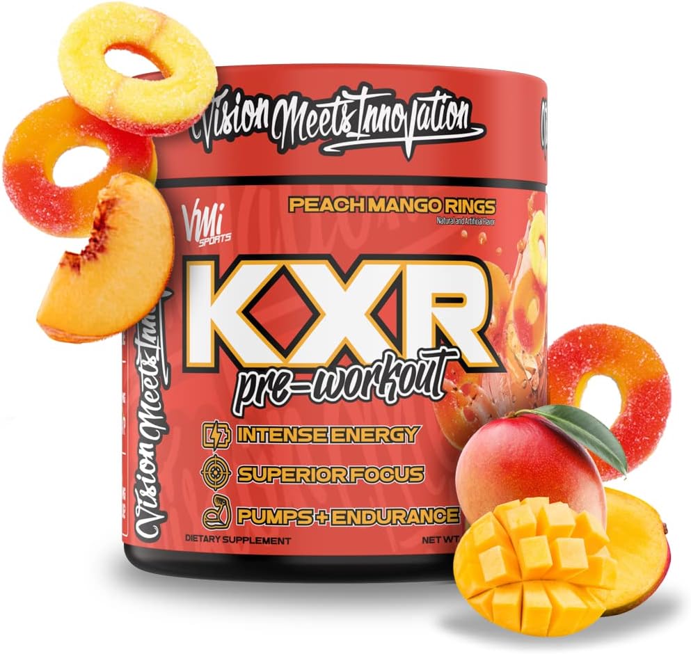 KXR Pre-Workout Energy Powder | Intense Energy Pre-Workout Drink for Men and Women| Creatine Free | Improves Performance - Enhanced Focus & Increased Endurance - 30 Servings (Peach Mango Rings)