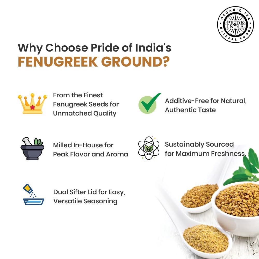 Pride of India – Fenugreek Seed Ground – Gourmet Indian Spice – Vegan, Gluten & GMO-Free – Ideal for Cooking & Meat Seasoning – Easy to Use – 7 oz. Medium Dual Sifter Jar