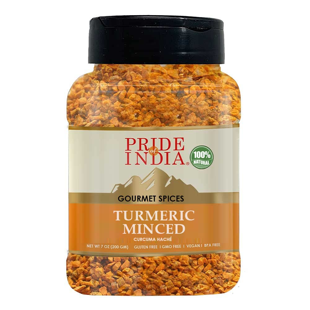 Pride of India – Turmeric Minced Whole – Gourmet Spice – Curcumin Rich Properties – No Additives Gluten – Easy to Use – 7 oz. Medium Dual Sifter Jar