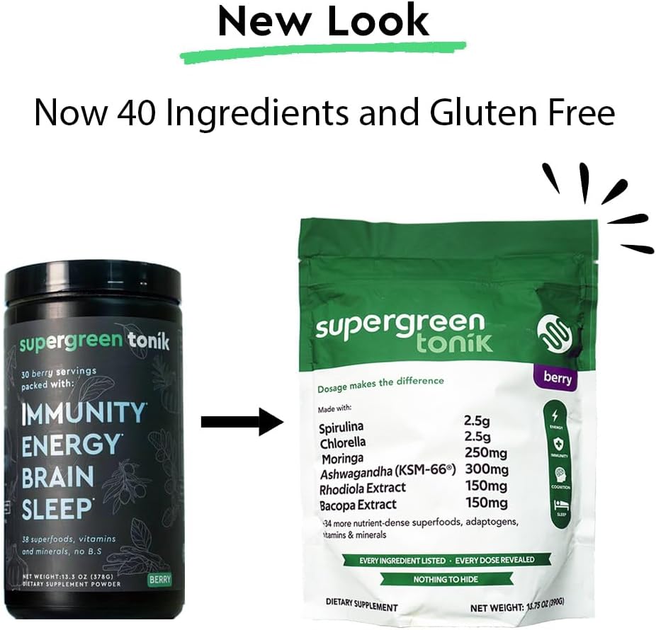 100% Natural Greens Superfood Powder – Daily Supplement with 40 Superfoods, Vitamins and Minerals – Supports Energy, Stress and Immunity – 30 Days 360 Grams Berry Flavor (1 Bag)