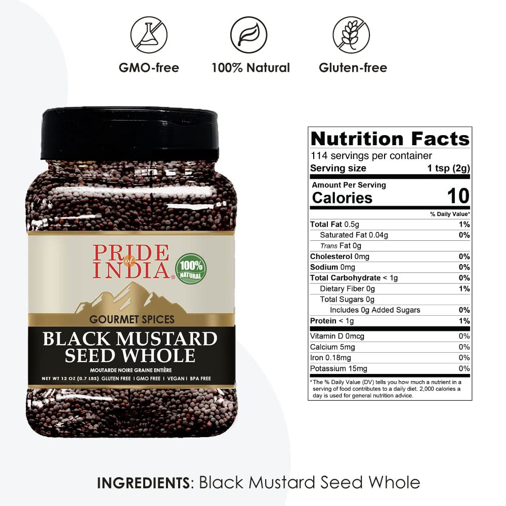 Pride of India | Black Mustard Seed 10 oz (283 gm) Medium Dual Sifter Bottle | Gourmet & Vegan Indian Spice | Pungent/Spicy Flavor | Dry Seasoning | Gluten Free & Non-Bioengineered | Easy to Use