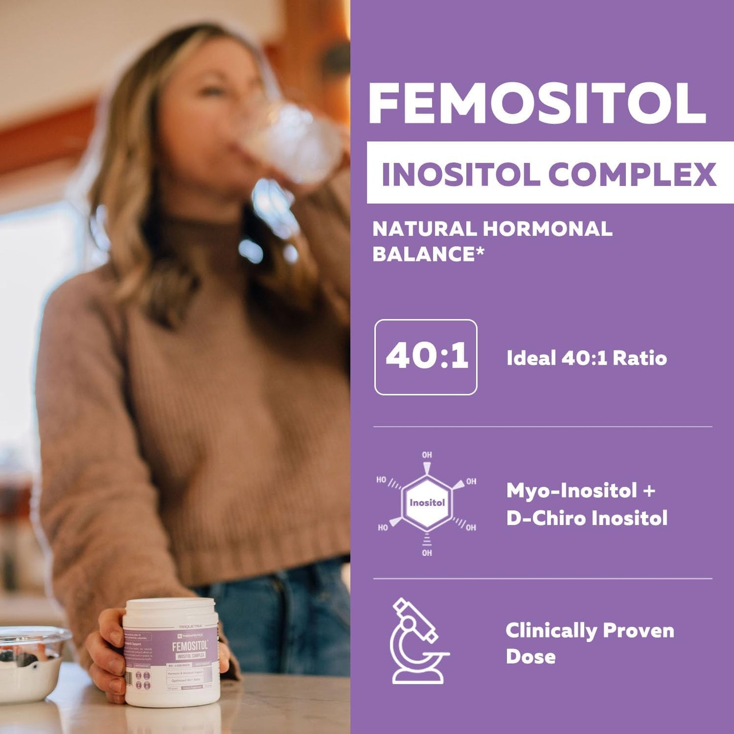 FemoSitol Inositol Powder | Myo-Inositol & D-Chiro Inositol Complex - Clinically Proven 40:1 Ratio (Vitamin B8) | PCOS, Hormonal Balance & Healthy Ovarian Function Support (123 gram – 60 Servings)