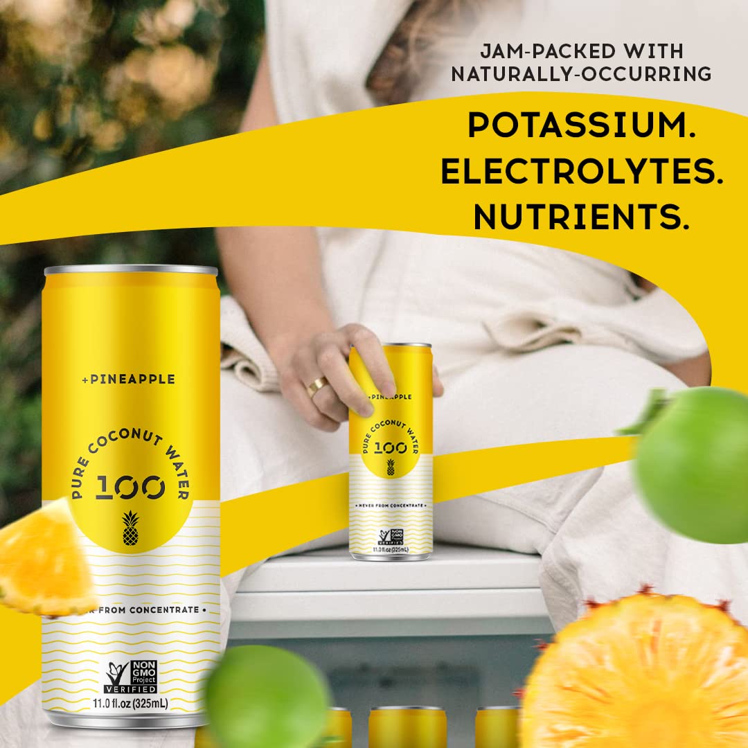 100 Coconuts Pineapple Pure Coconut-100% Pure Coconut Water - Low Calorie All-Natural Drink with Electrolytes - Naturally Sweet, no preservatives- Non-GMO, 11 fl oz, Pack of 12 (Pure Coconut Water)