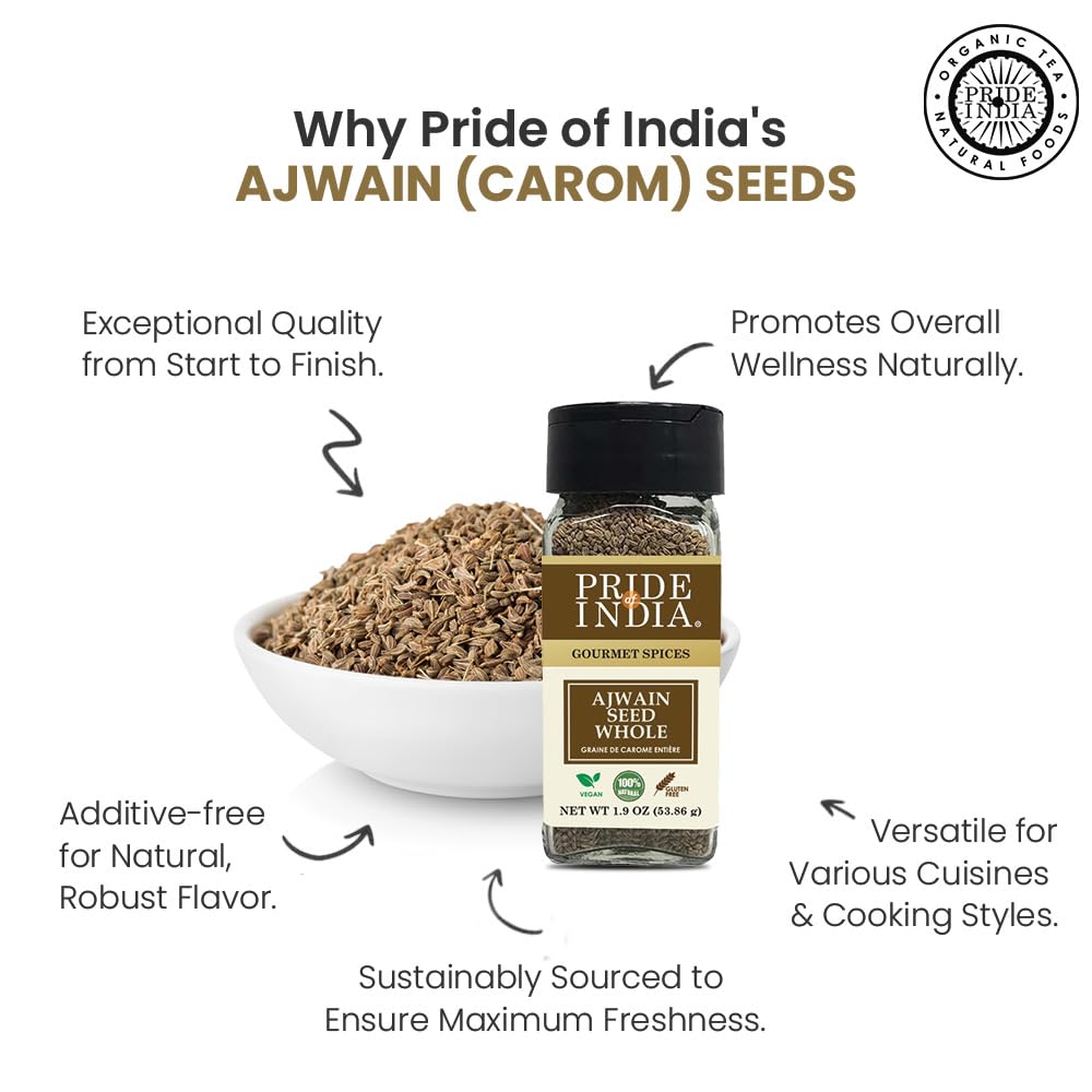 Pride of India – Ajwain Seed Whole – Gourmet Carom Seeds – Flavoring agent for Savory Dishes – Aromatic & Nutrient-Dense – Easy to Use – 2.1 oz. Dual Sifter Bottle