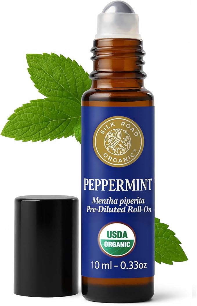 Silk Road Organic Peppermint Essential Oil Roll On, USDA Certified, for Nausea Morning Sickness, Focus & Head Tension - 10 ml Aromatherapy Roller