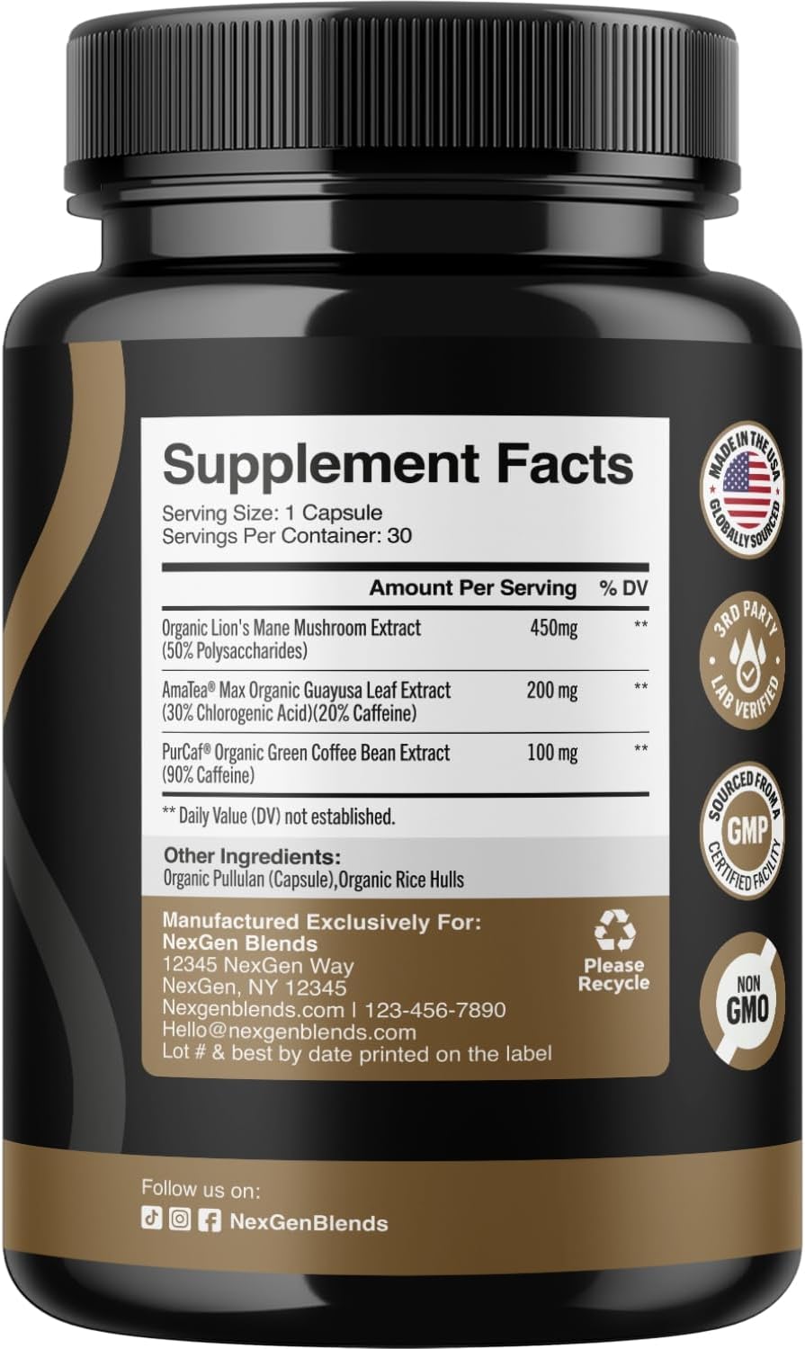 100% Organic Mushroom Coffee Capsules - Natural Energy Supplement with 130mg Caffeine from Clinically Proven Patented Green Coffee Bean & Guayusa Extracts for Jitter-Free Energy & Focus (30 Servings)