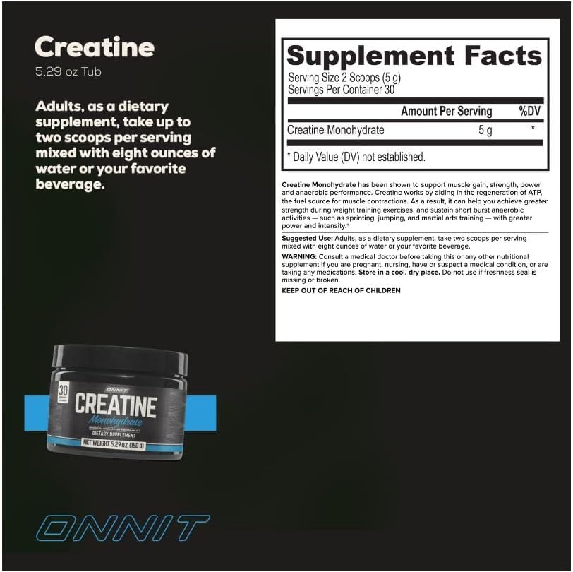 ONNIT Creatine Monohydrate Powder – 5g Premium Creatine for Muscle Strength, Power & Lean Mass, Supports Brain Health & Cellular Energy, Unflavored, 30 Servings, 5.29 oz