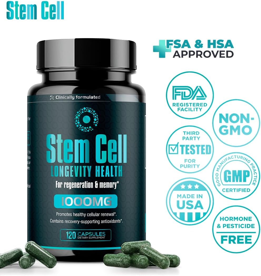 Premium Stem Cell Supplements 1,000mg (360 Caps) Boost Immunity, Reduce Joint Soreness, Support Natural Anti-Aging & Longevity with Spirulina & Chlorella for Vitality, Celulas Madre Health Formula