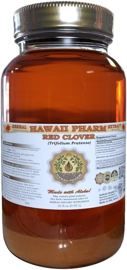 HawaiiPharm Red Clover Liquid Extract, Organic Red Clover (Trifolium Pratense) Tincture, Herbal Supplement, Made in USA, 32 fl.oz