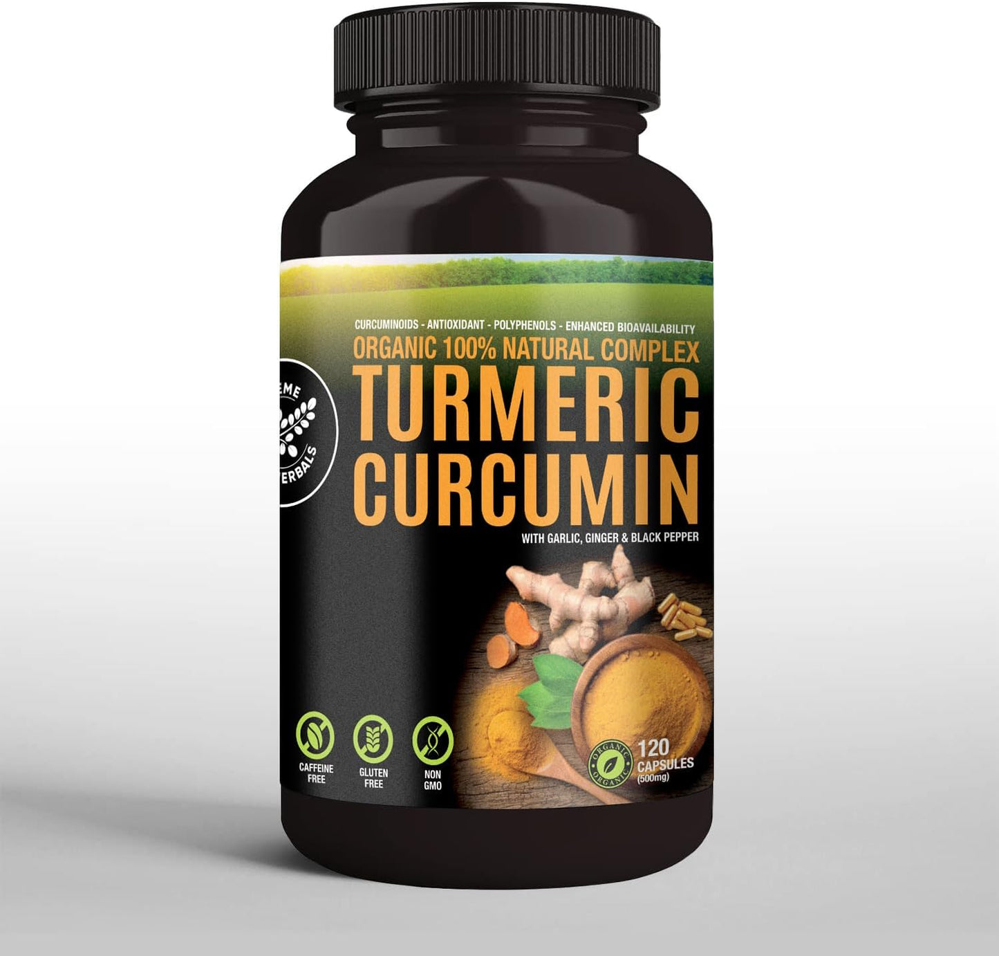 100% Raw and Organic Turmeric Curcumin Capsules. Certified Organic, Gluten-Free, Non-GMO, and Caffeine-Free. Enhanced with Garlic, Ginger and Black Pepper, 500mg, 120 Vegan Capsules