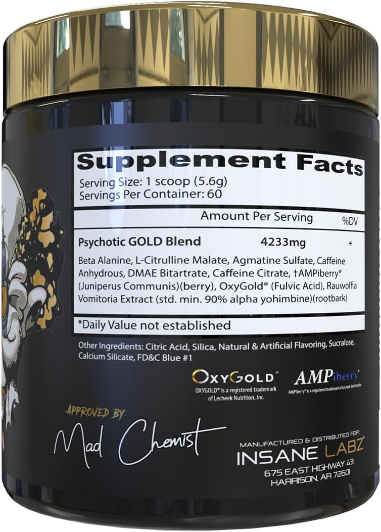 Insane Labz Psychotic Gold, High Stimulant Pre Workout Powder, Extreme Lasting Energy Focus, Pumps and Endurance with Beta Alanine, DMAE Bitartrate, NO Booster (60 Servings, Blue Punch)