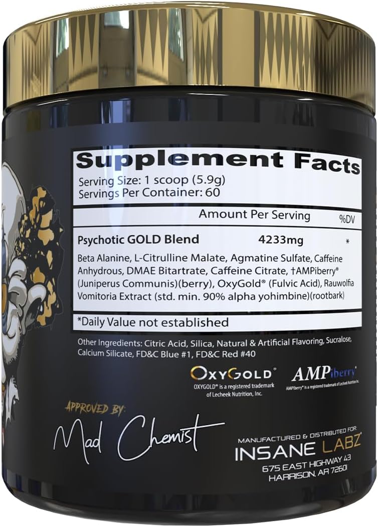 Insane Labz Psychotic Gold, High Stimulant Pre Workout Powder, Extreme Lasting Energy, Pumps and Endurance with Beta Alanine, DMAE Bitartrate, NO Booster (60 Servings, Grape)