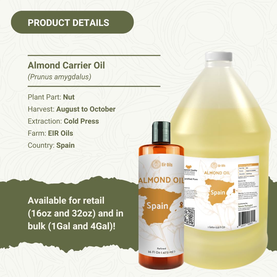 Nature Packaged Sweet Almond Oil - for Skin and Hair - Carrier Oil for Essential Oils Mixing - From EIR Oils' Farm in Mallorca, Spain - 4 Gallons