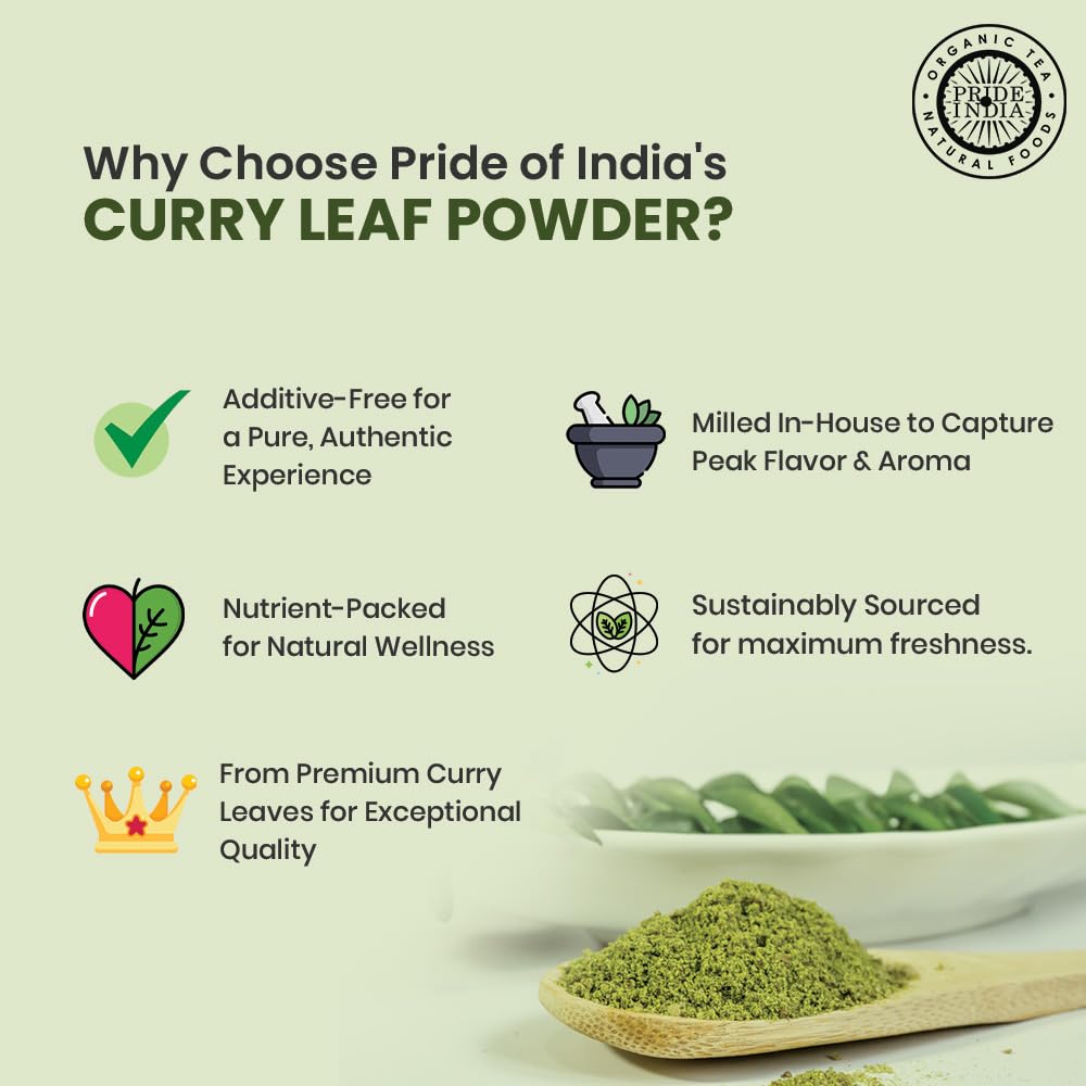 Pride of India – Curry Leaf Ground – Fresh Aroma/Distinct taste – No GMO/No Artificial Color – Traditional Indian Spice – Easy to Use – 1.3 oz. Small Dual Sifter Bottle
