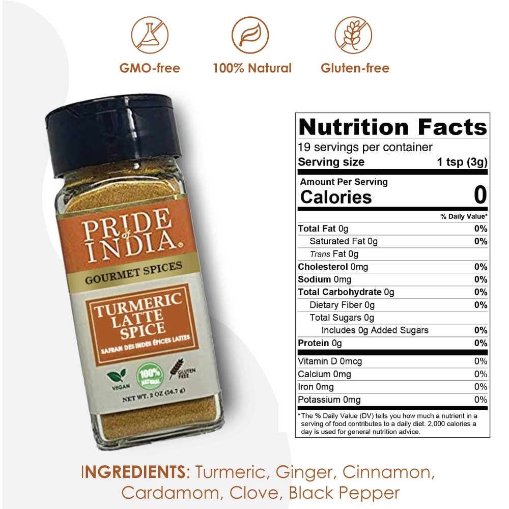 Pride of India – Turmeric Latte Spice Mix – Gourmet & Warm Tea Spice Blend – Healthy/Gluten-Free – Ideal for Lattes/Smoothies/Golden Milk – Easy to Use – 2 oz. Small Dual Sifter Bottle